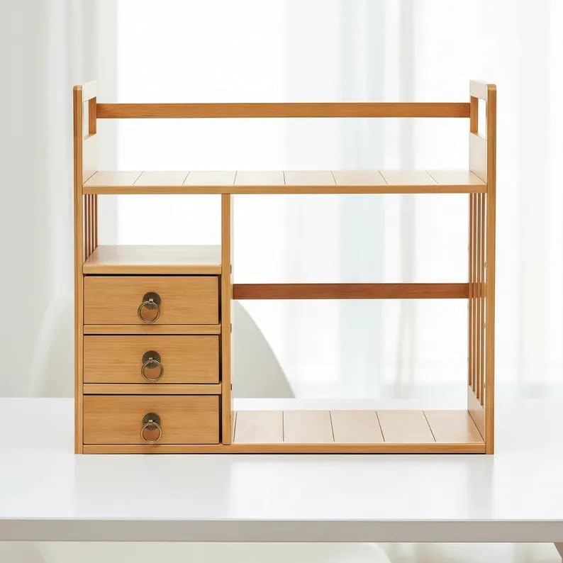 Natural Bamboo Desktop Organizer with 3 Drawers, Modern Minimalist Desk Storage Rack, Multi-Layer Shelf for Office Home Bedroom, Space-Saving Tabletop Organizer
