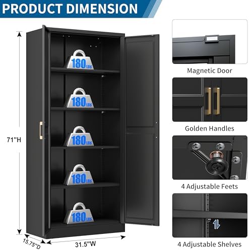 71" Tall Black Metal Storage Cabinet with Doors, Heavy Duty | Freestanding Steel Kitchen Pantry Cabinet, 4 Adjustable Shelves (180 Lbs Load), Tall Cabinets for Home, Office and Garage