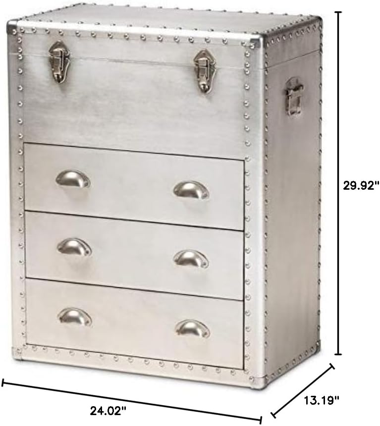BOWERY HILL 3-Drawer Mid-Century Metal Accent Storage Chest, Silver Finish, Wood and Metal Construction, Vintage-Inspired Rivet Details, Lift-Top Compartment, Bedroom, Living Room, or Entryway Use