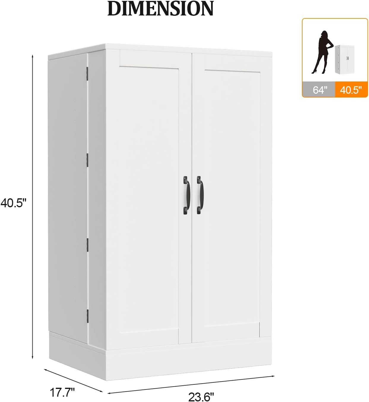 VINGLI Pantry Cabinet, White Kitchen Storage Cabinet with 2 Doors and Adjustable Shelves, 40.5" H Food Storage Freestanding Cupboard for Small Space in Dining Room, Living Room