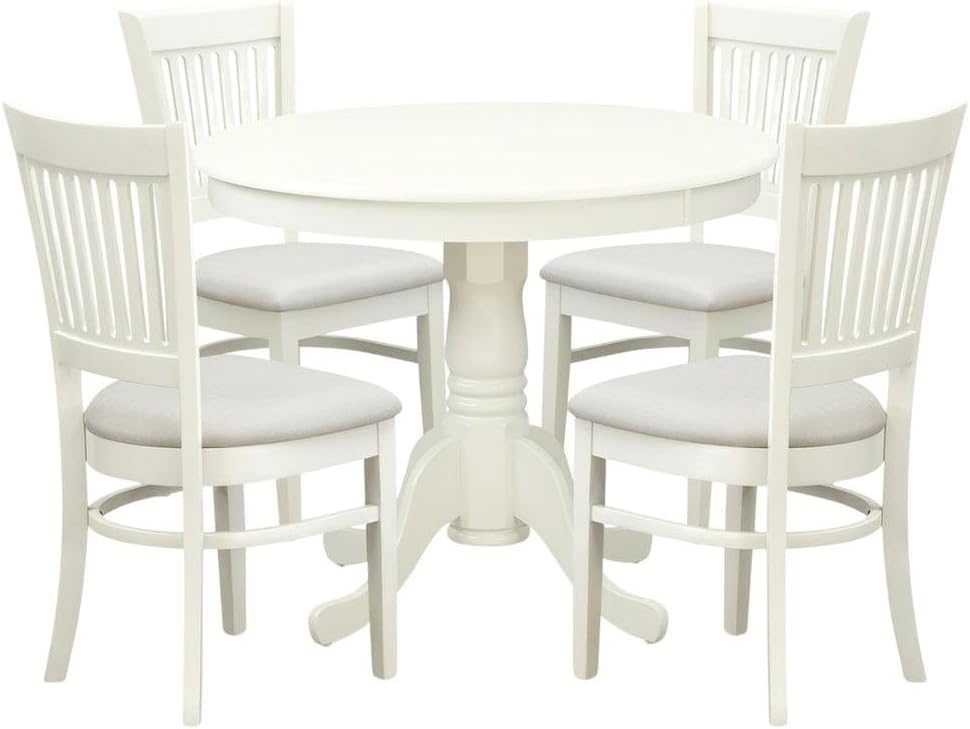 Furnifact White Solid Wood 5 Pc Dining Room Set, Breakfast Nook Table with Slatted Chairs, Kitchen Table and Chairs for 4, Compact Seating Option