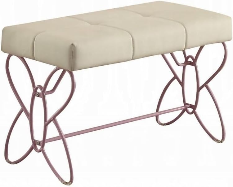 HomeStock Baroque Beauty Upholstered Bench with Metal Tube in White and Light Purple - 32.25" L x 16.5" W x 19.25" H.20 Inches Seat Height, Tufted Padded Seat Cushion