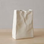 WENSHUO Crinkle Paper Bag Ceramic Vase, Modern Aesthetic Flower Vase for Home Decor, Unique Matte Ceramic Paperbag Vase for Flower Arrangement, Bookshelf Desk Decorative Ornament, Quirky Gift