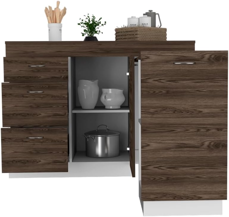 Grecia Kitchen Base Cabinet - 3 Drawers, 2 Shelves, White/Dark Walnut - Expandable Counter Space