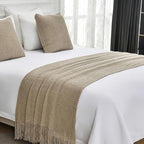 Cotton Knit Bed Runners King Size,Decorative Boho Bed Scarf with Tassel,Soft Solid Color Woven Beds Throw Blanket for Bedroom Home Hotel (A Khaki, 60x260cm/23.6 * 102in)