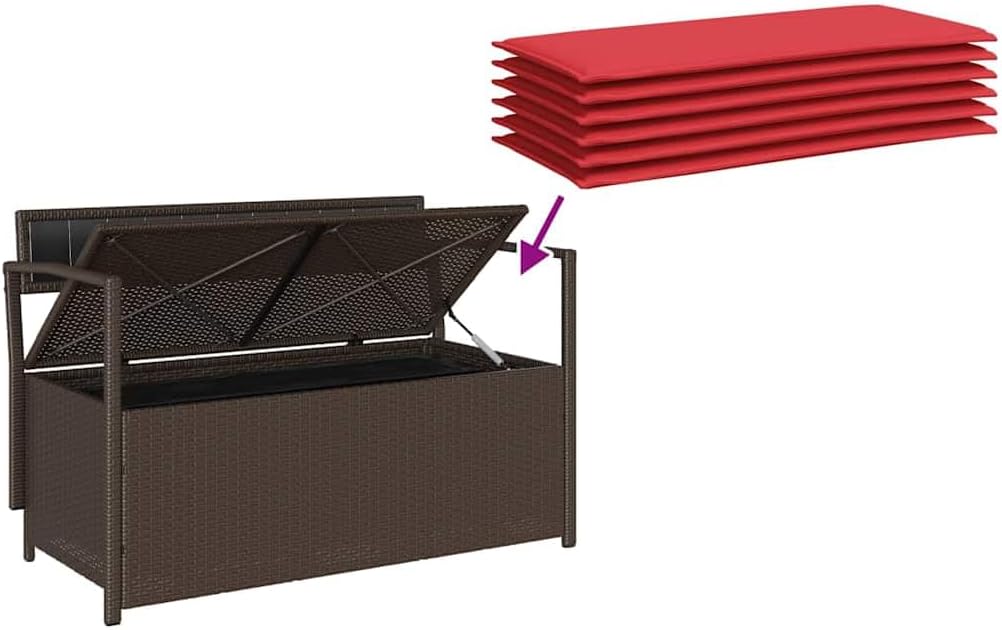 Patio Storage Bench with Cushion, Brown Poly Rattan Outdoor Seat with Waterproof Storage Bag and Gas Spring Lid