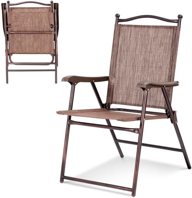 2-Pack Modern Folding Sling Back Deck Chairs in Brown Fabric with Steel Frame & Plastic Feet, 20x24x38in, for Patio Garden Backyard Camping