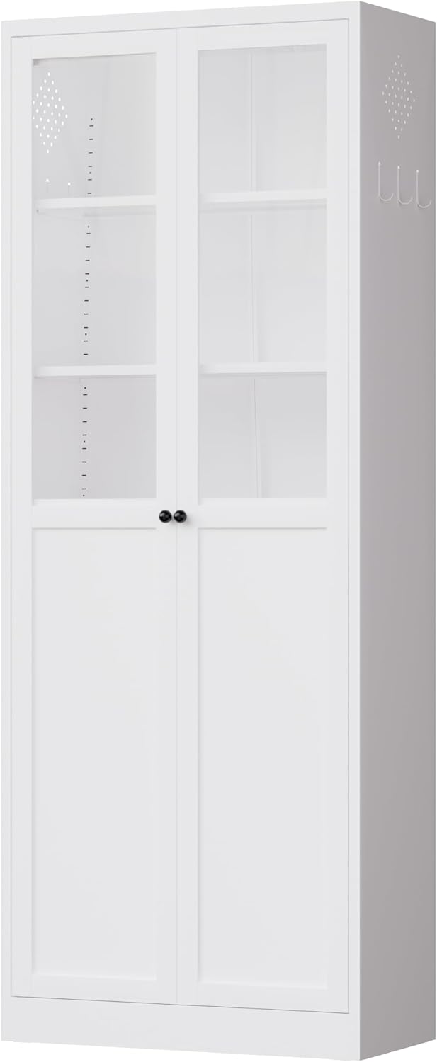 72" White Storage Cabinet Metal Kitchen Pantry Cabinet with Glass Doors & Adjustable Shelves,Freestanding Storage Organizer Utility Cupboard for Pantry, Kitchen, Bathroom