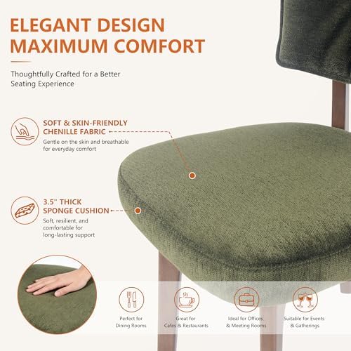 YOUNIKE Wood Frame Green Dining Chair, Chenille Fabric, Single Pack | Modern Ergonomic Upholstered Kitchen & Dining Room Chairs, Double-Layer Backrest, Comfy Soft Cushion, Easy to Assembly
