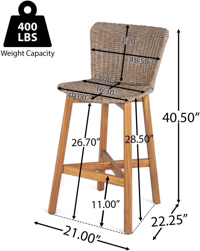 Saiveina Lymington Outdoor Bar Stool, Teak Finished Wood with Light Brown Wicker, Set of 2