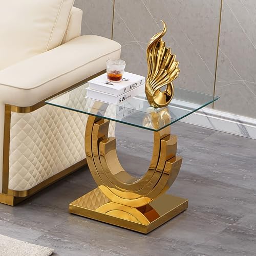 Square Glass End Table, Modern 22.8" Square Glass Side Table Tea Table with Stainless Steel Base and Clear Glass Top for Living Room Office