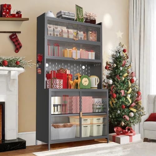 Anveffeg 73" Tall Kitchen Pantry Cabinet, 6 Tiers Flip Door with Pegboard Spacious, Adjustable Metal Pantry Storage Cabinet, Anti-Tip Design Hutch for Kitchen, Dining Room, Living Room Grey