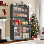 Anveffeg 73" Tall Kitchen Pantry Cabinet, 6 Tiers Flip Door with Pegboard Spacious, Adjustable Metal Pantry Storage Cabinet, Anti-Tip Design Hutch for Kitchen, Dining Room, Living Room Grey