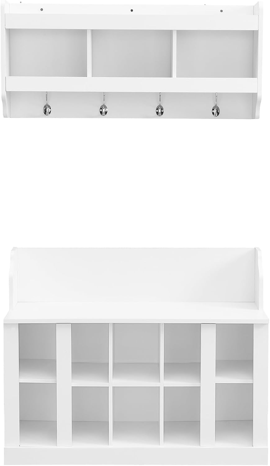 Shoe Storage Bench with Shelves and 4 Hooks, Elegant Hall Tree with Shoes Cubbies and Wall Mounted Coat Rack, Entryway Organizer For Hallway, Foyer, Mudroom, White