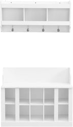 Shoe Storage Bench with Shelves and 4 Hooks, Elegant Hall Tree with Shoes Cubbies and Wall Mounted Coat Rack, Entryway Organizer For Hallway, Foyer, Mudroom, White