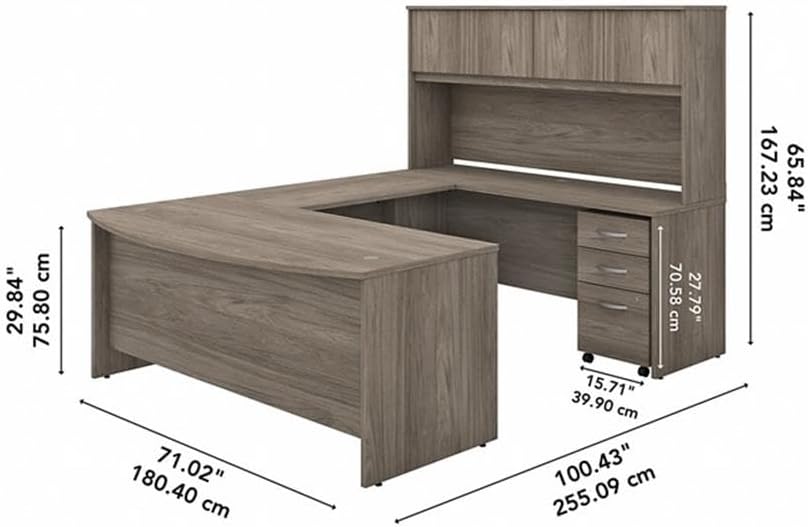 Bush Business Furniture Studio C 72W x 36D U Shaped Desk with Hutch and Mobile File Cabinet in Modern Hickory, U Workstation Set for Home or Professional Office