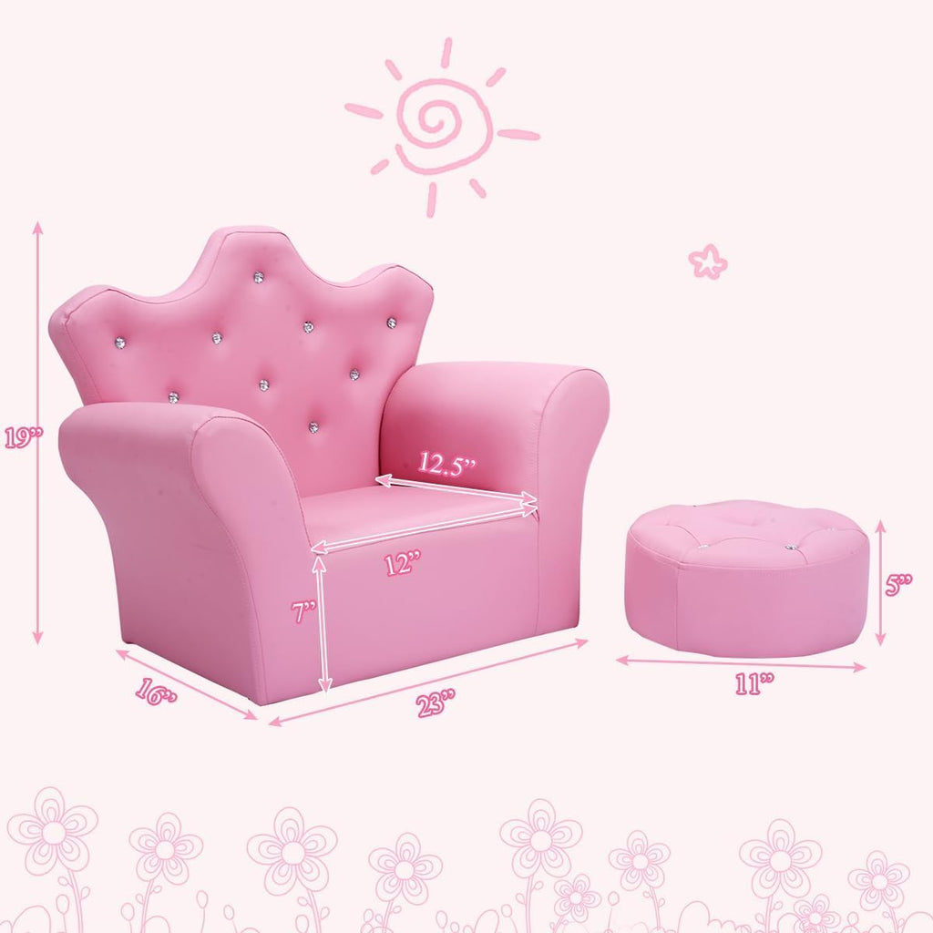 Toddler Chair, Toddler Chairs Comfy, Princess Kids Couch with Ottoman, Toddler Couch with Wooden Frame and PVC Leather, Kids Sofa for Girls and Boys, Ideal for Bedroom, Living Room