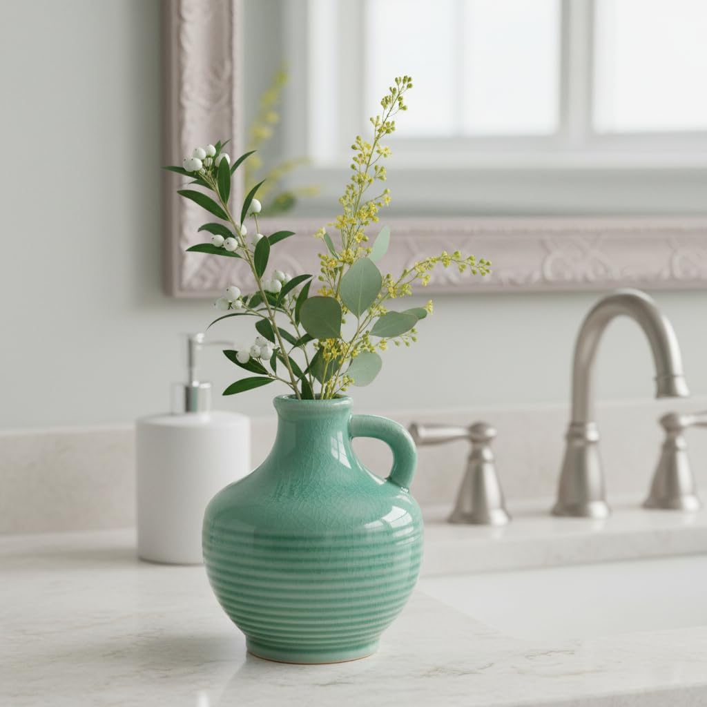 Sunddo Green Ceramic Vase 6 Inch - Small Decorative Vases with 1 Handle, Textured Modern Vase for Home Decor, Bathroom, Bedroom, Living Room, Centerpiece, Table Decor