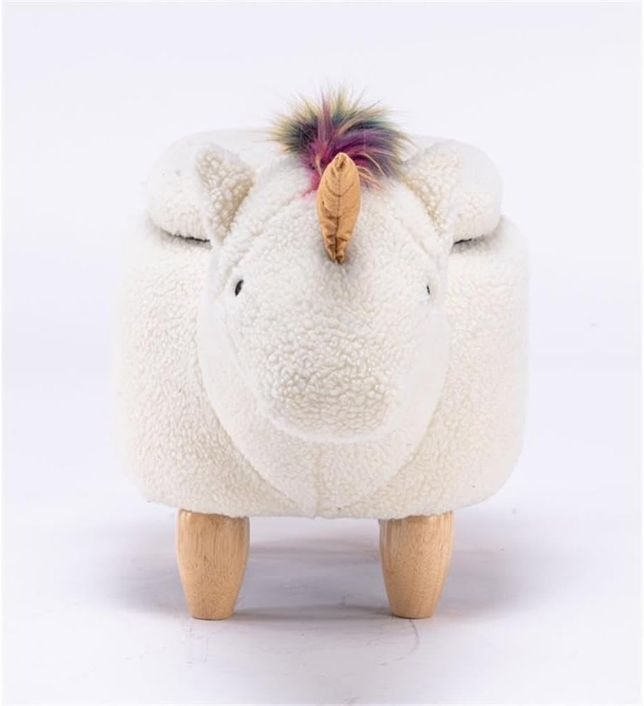 Pemberly Row Unicorn Fabric Storage Ottoman/Stool, White/Natural Finish, 15.75" H x 14.17" W x 28.74" D, Upholstered Kids Bedroom or Playroom Furniture with Cute Animal Theme and Interior Storage