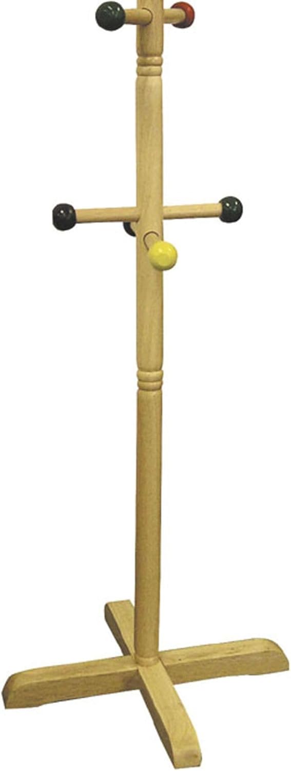 49.5" Tall Wooden Standing Coat Rack, Natural, 8 Colored Pegs