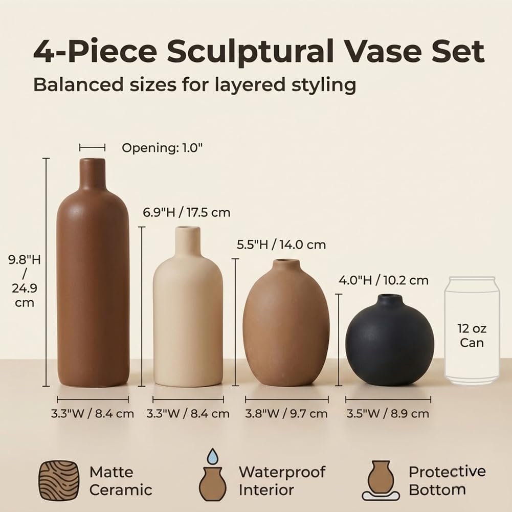 Ceramic Neutral Vase Set of 4 - Modern Decorative Flower Vases Home Decor, Rustic Farmhouse Table Decor for Living Room, Shelves, Entryway, Mantel, Boho Pottery Vases for Bouquets, Pampas, and Gifts