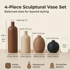 Ceramic Neutral Vase Set of 4 - Modern Decorative Flower Vases Home Decor, Rustic Farmhouse Table Decor for Living Room, Shelves, Entryway, Mantel, Boho Pottery Vases for Bouquets, Pampas, and Gifts