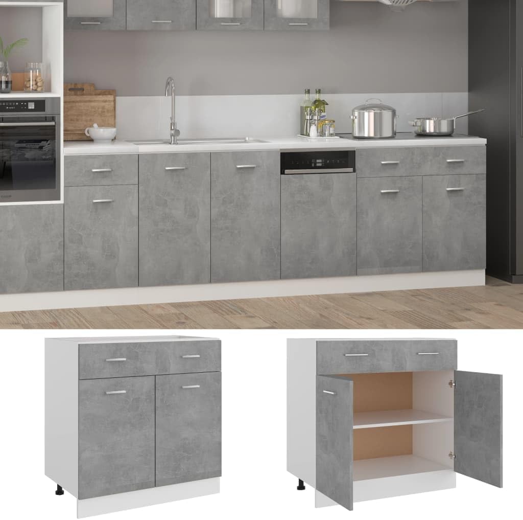 Concrete Grey Engineered Wood Cabinet with Drawers, Spacious Storage for Kitchen, Pantry, Dining Room, Modern Home Furniture