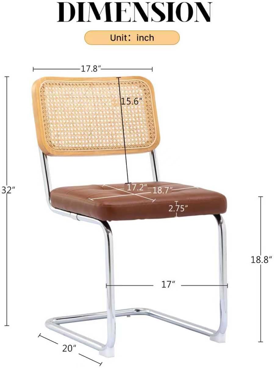 KCC Modern Dining Chairs Set of 2, Faux Leather Rattan Chair,Brown | Mid Century Kitchen Side Chairs with Metal Legs and Upholstered Seat for Dining Room,Living Room,Bedroom