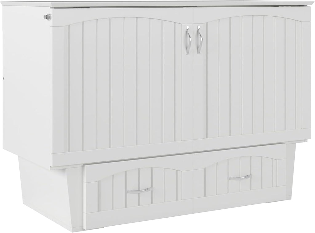 AFI, Nantucket Full Size Murphy Bed Chest with Mattress, Storage Drawer and Built-in USB Charger, White
