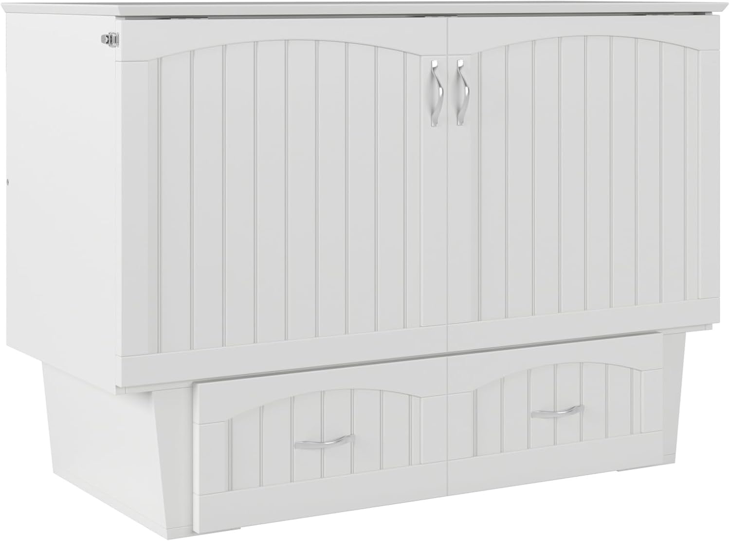 AFI, Nantucket Full Size Murphy Bed Chest with Mattress, Storage Drawer and Built-in USB Charger, White