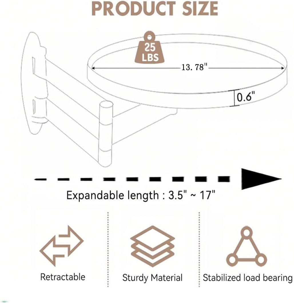 Retractable Wall Mount Folding Table, Adjustable Wall Mounted Coffee Table, Balcony Coffee Table, 13.78 Inch Round Wooden Tabletop, Acacia Brown, Adjustable Angle, Space-Saving Design (black, large)