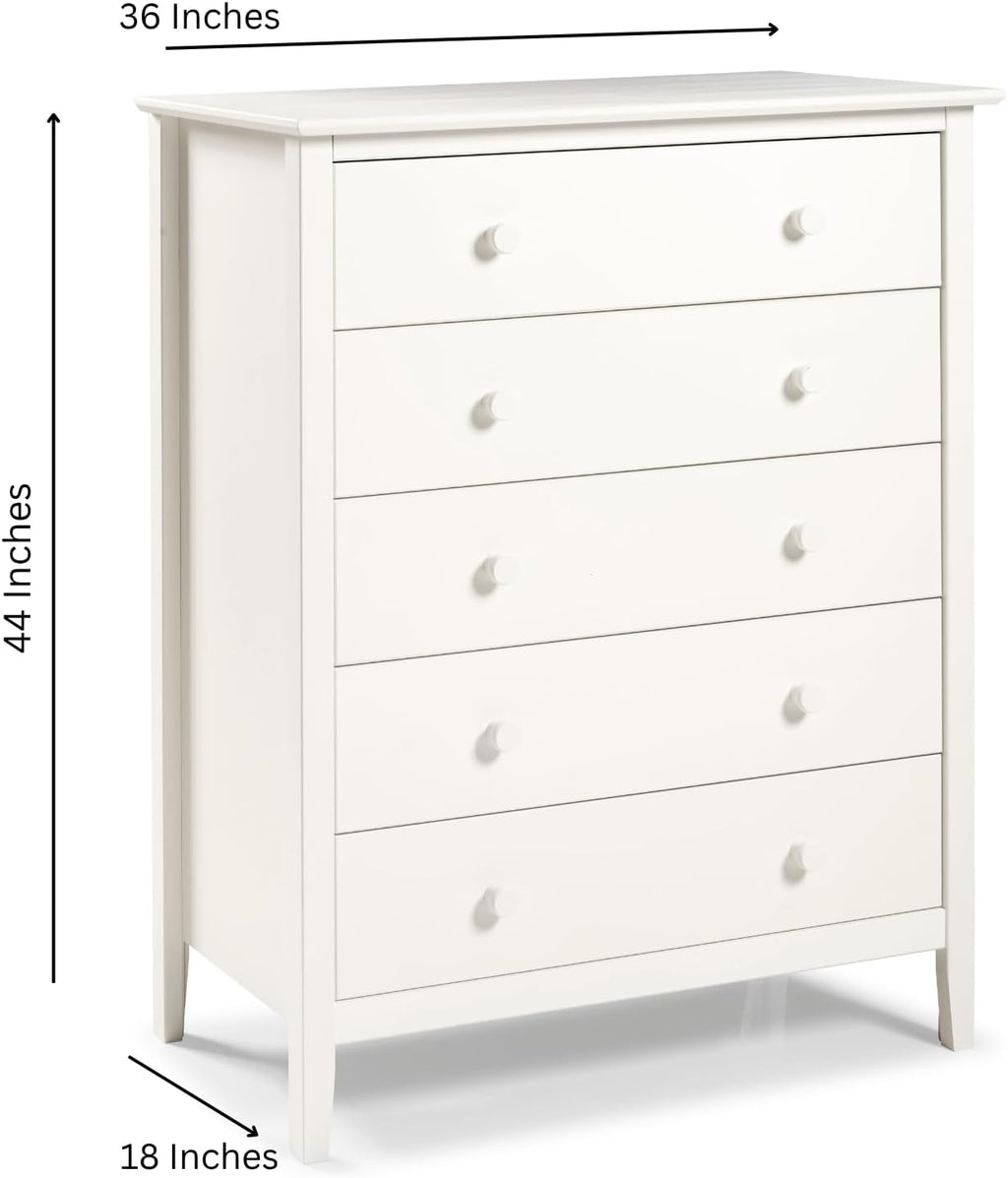 Alaterre Furniture Simplicity Wood 5-Drawer Chest, Kids Bedroom Dresser, Anti-Tip Safety, Metal Glides, Wooden Knobs, Brazilian Pine and Veneers, White