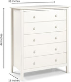 Alaterre Furniture Simplicity Wood 5-Drawer Chest, Kids Bedroom Dresser, Anti-Tip Safety, Metal Glides, Wooden Knobs, Brazilian Pine and Veneers, White