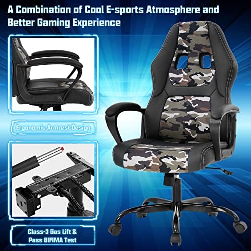 Dkeli Gaming Chair PC Computer Chair Office Chair for Adult Teen Kids, Ergonomic PU Leather Gamer Chair with Lumbar Support High Back Adjustable Rolling Swivel Desk Chair, Camo