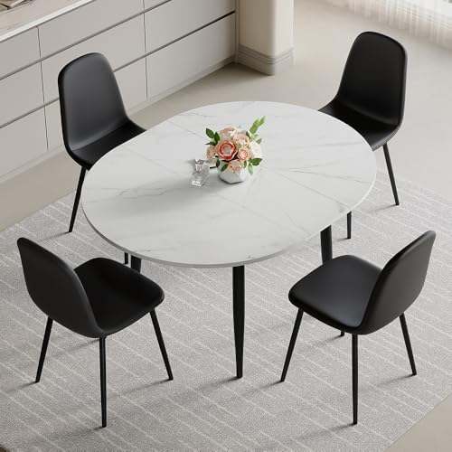 FURNITO Round Dining Table Set for 4, 42"-54" Extendable Dining Room Table Set for 4, White Kitchen Table and Upholstered Chairs Set of 4, 5 Piece Dining Table Set for Small Spaces, Easy Assembly