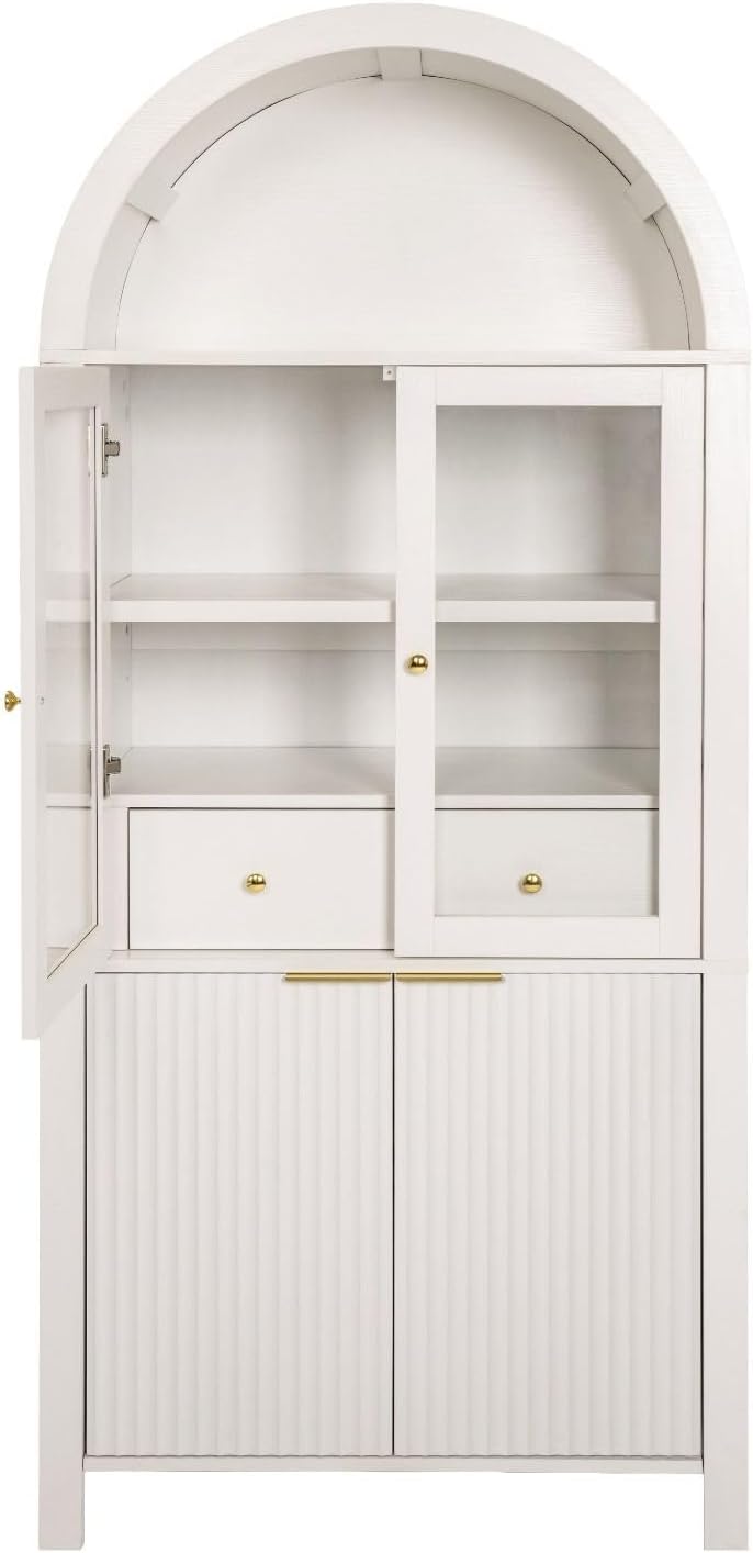 71" Tall Arched Pantry Cabinet with Adjustable Shelves, Kitchen Storage with Glass Doors, Modern Fluted Cabinet with Drawer, Display Unit for Kitchen, Dining Room
