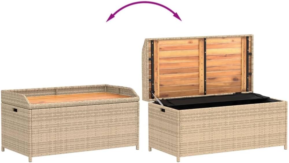 Beige Brown Outdoor Storage Bench, Acacia Wood Poly Rattan Patio Furniture, Weatherproof Garden Seating for Porch, 2-Person Capacity Bench Seating