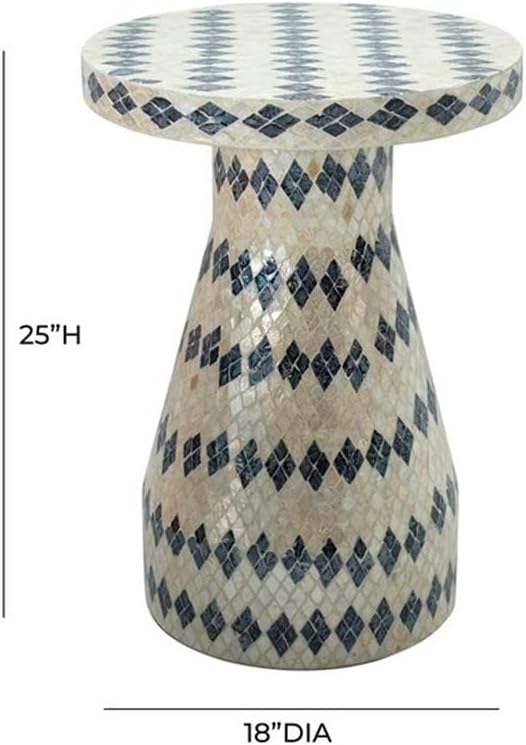 MAKLAINE Transitional Shell Side Table, Cream and Blue Checkered Design, Hand-Inlaid Natural Seashells, MDF Construction, Fully Assembled Accent Table for Living Room or Bedroom Decor