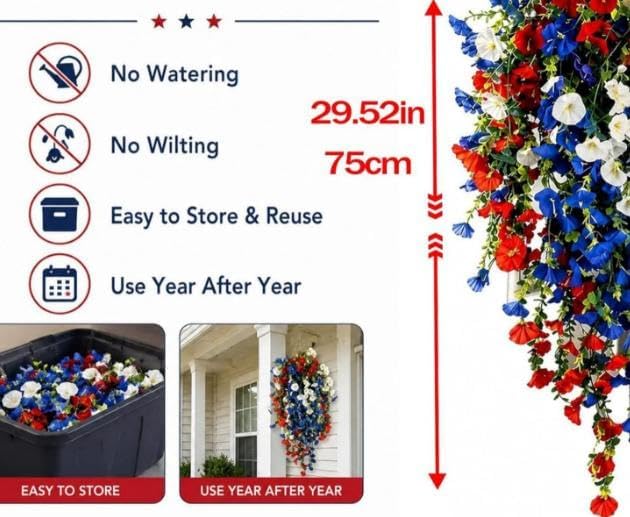 2 PCS Patriotic Hanging Flower Baskets with LED Lights, Red White and Blue Artificial Flowers for Outdoor Porch Decor, UV Resistant Faux Flowers for 4th of July, Memorial Day Garden Patio Decor