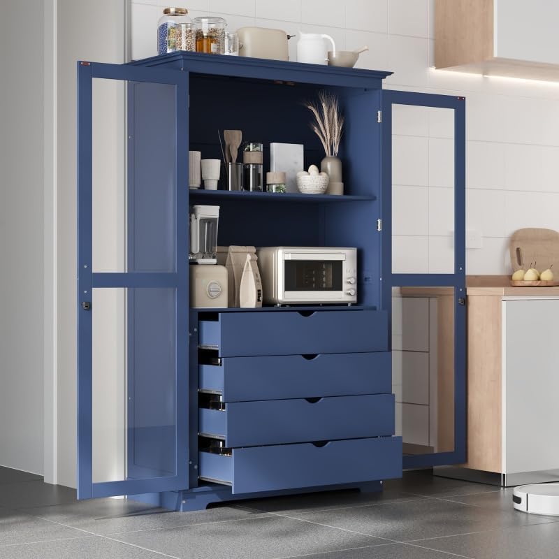 JIJIWANG Kitchen Pantry Cabinet,Coffee Bar Storage with Glass Doors and 4 Built-in Drawers,Food Pantry for Kitchen,Dining Room,Living Room and Garage,Home Office,Blue