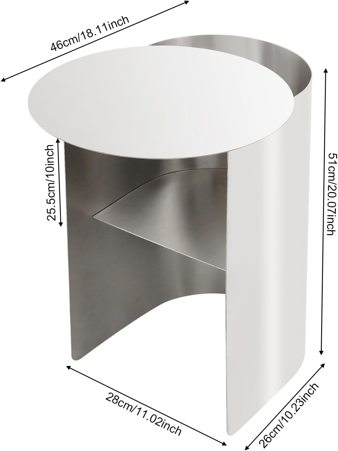 Modern Side Table Stainless Steel Sofa Table Geometric Design Coffee Table with Curved Design for Living Room Bedroom, 55.12lbs Load (11.02 * 18.11 * 20.07inch, Round)