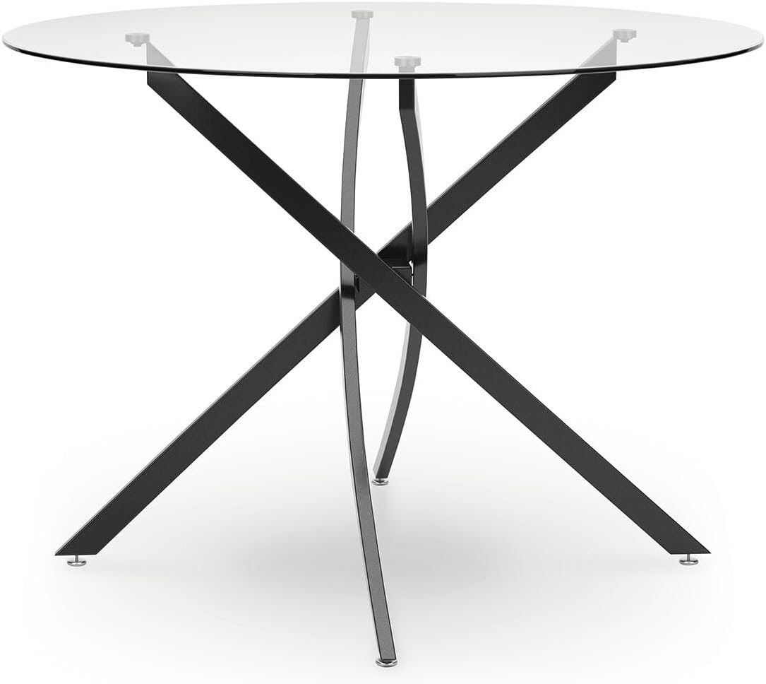 Signature Design by Ashley Pharwynn Modern Glass Tabletop Dining Table with Cross-Shaped Base, Black