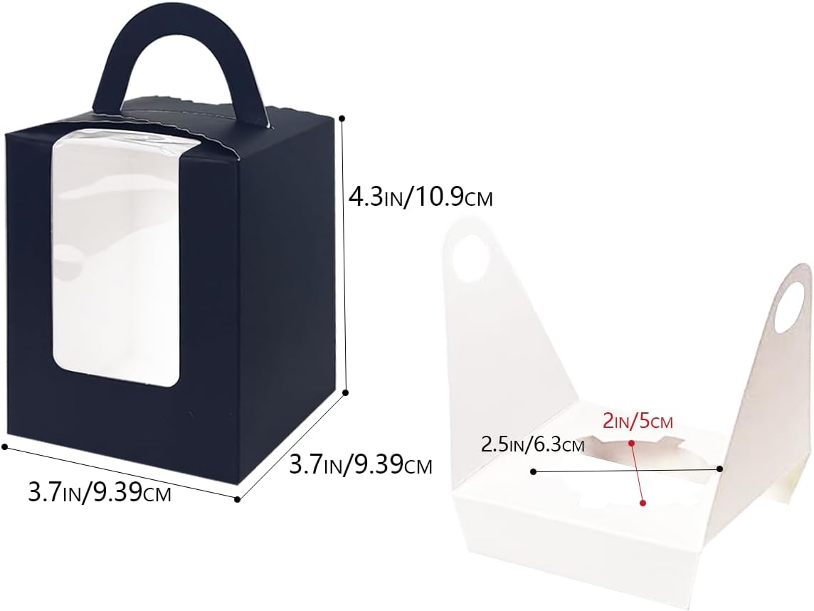 Bakepacker Individual Cupcake Boxes with Window 100 Count Black Single Cupcakes Box 3.6"X3.6"X4.3" Cupcake Carrier