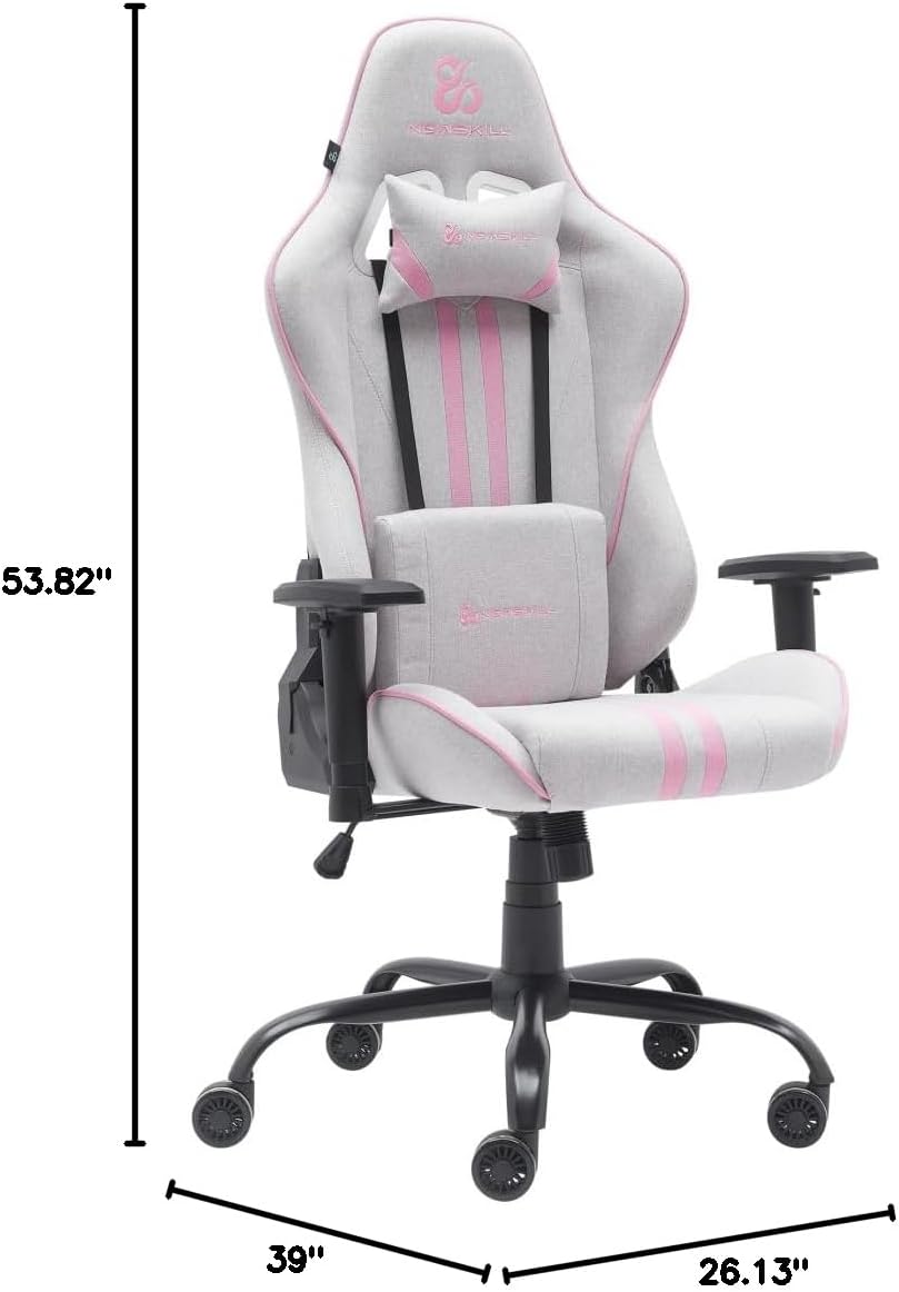 NEWSKILL Kitsune V2 Breathable Fabric Gaming Chair, Lumbar and Cervical Cushions Included, 180 Recliner, Supports up to 300 lbs, Pink