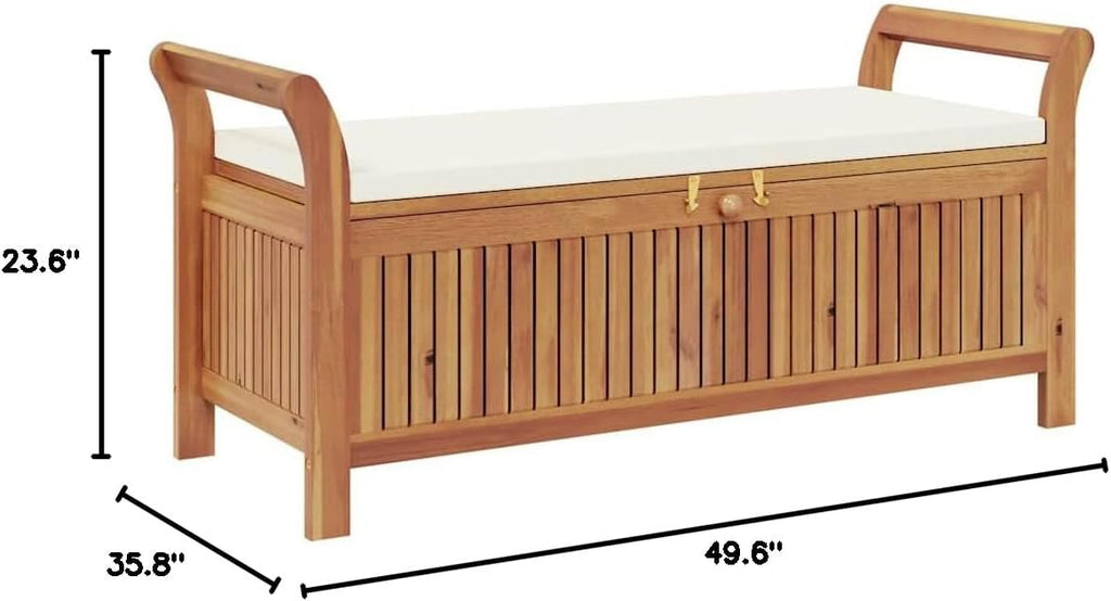 Garden Storage Bench Cream White Natural Wood, Solid Acacia Wood Outdoor Furniture with Soft Polyester Cushion and Easy-Clean Zipper, 49.6 Inch Long Seating for Two, Durable