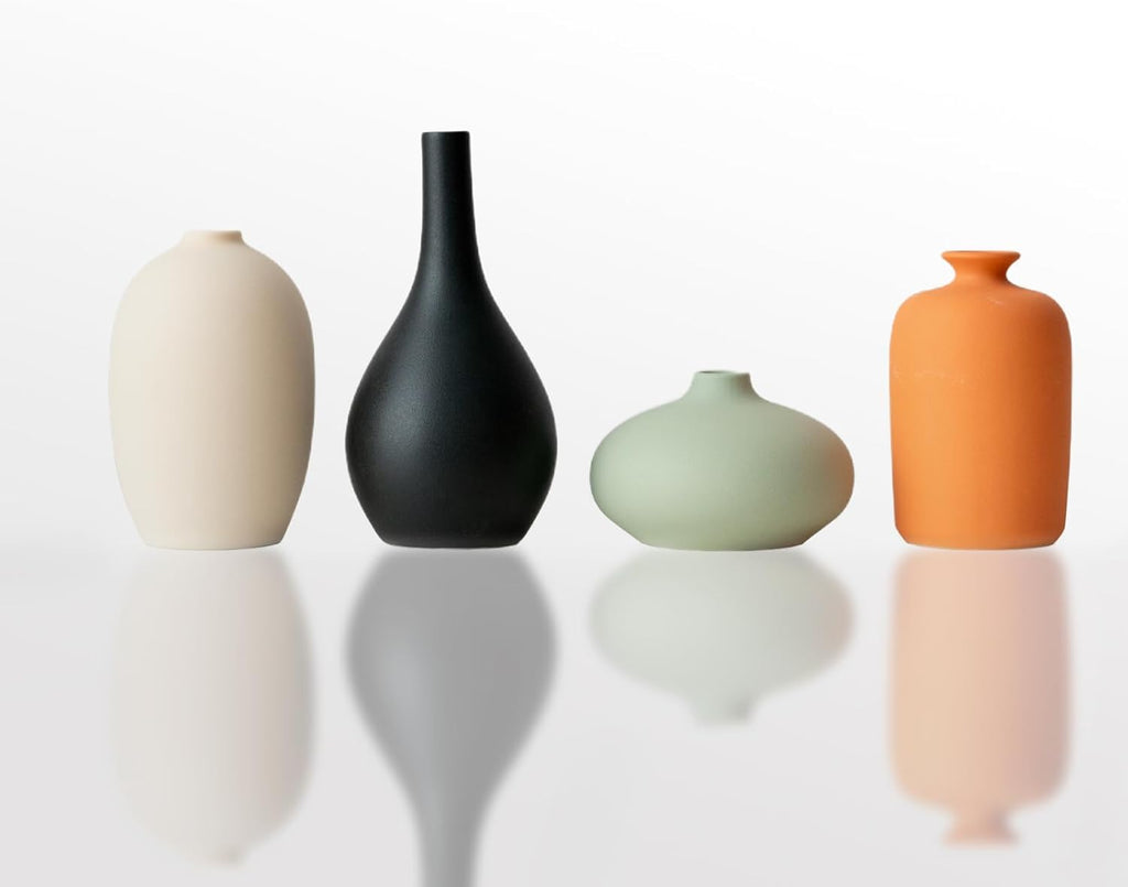 Set of 4 Small Matte Ceramic Vases - Modern & Bohemian Decor for Home, Office, Shelve, Living Room Table, Mantel, Bedroom, Entryway, Rustic Farmhouse Decorative Vases & More（Hademade