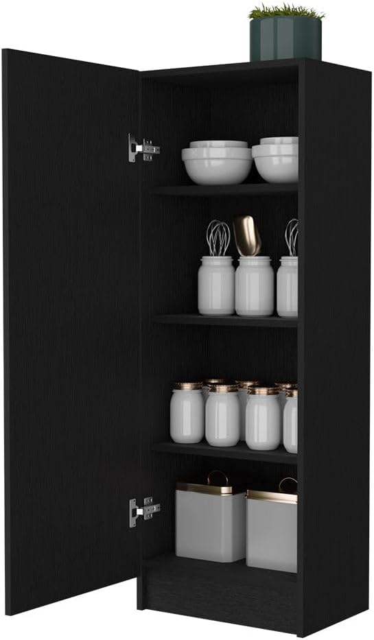 Miami Single Door Pantry, 4 Shelves, Black Engineered Wood, Space-Saving Storage for Kitchen or Hallway