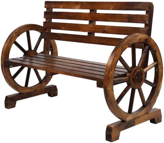 Rustic 2 Person Wooden Wagon Wheel Outdoor Bench, Solid Fir Wood Patio Garden Bench with Slatted Seat & Backrest, Brown Vintage Yard Leisure Chair