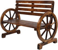 Rustic 2 Person Wooden Wagon Wheel Outdoor Bench, Solid Fir Wood Patio Garden Bench with Slatted Seat & Backrest, Brown Vintage Yard Leisure Chair