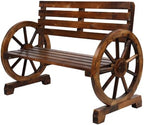 Rustic 2 Person Wooden Wagon Wheel Outdoor Bench, Solid Fir Wood Patio Garden Bench with Slatted Seat & Backrest, Brown Vintage Yard Leisure Chair